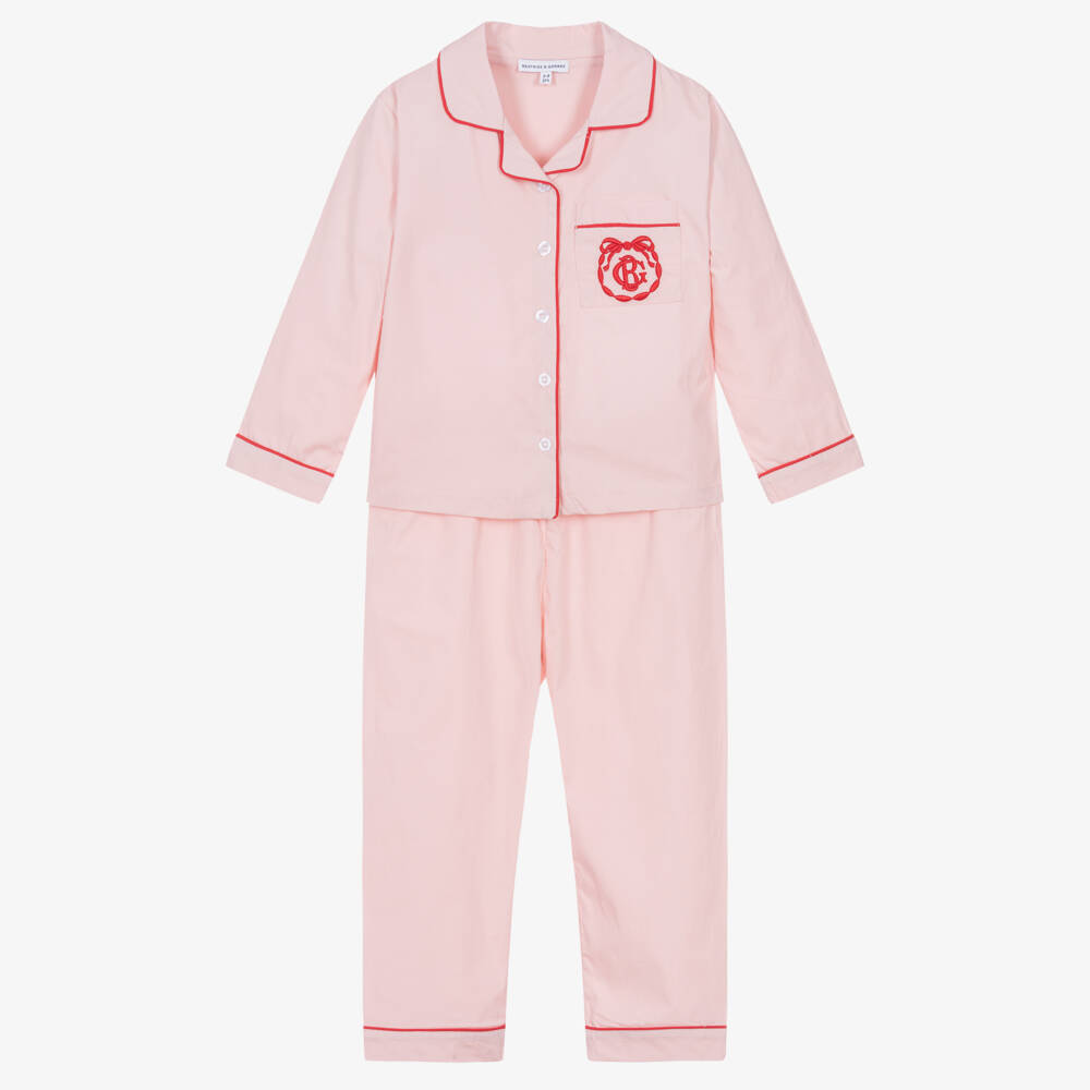 Beatrice & George-Pink Cotton Pyjamas with Red Piping | Childrensalon