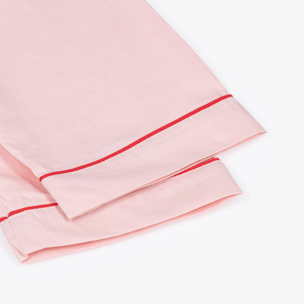Beatrice & George-Pink Cotton Pyjamas with Red Piping | Childrensalon