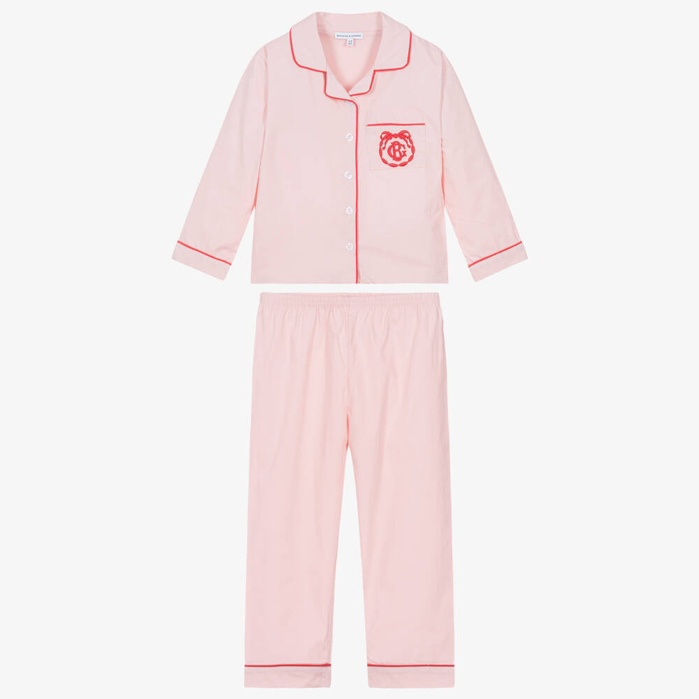 Beatrice & George-Pink Cotton Pyjamas with Red Piping | Childrensalon