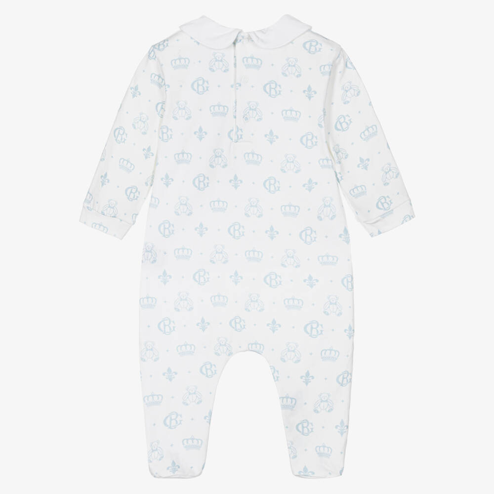Beatrice & George-White & Blue Cotton Monogram Babygrow | Childrensalon