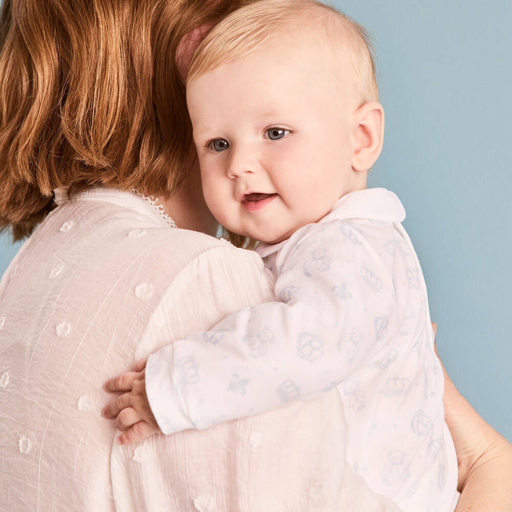 Beatrice & George-White & Blue Cotton Monogram Babygrow | Childrensalon