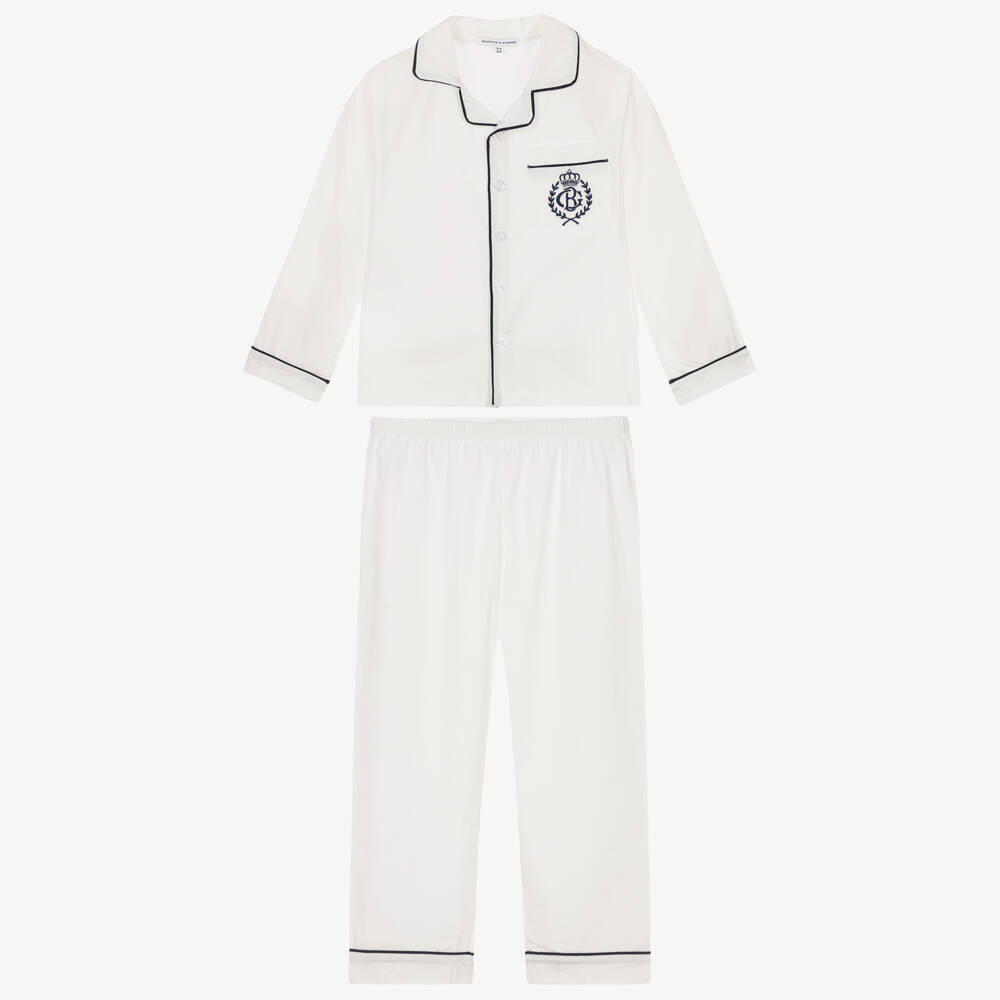 Beatrice & George-White Cotton Pyjamas with Navy Blue Piping | Childrensalon