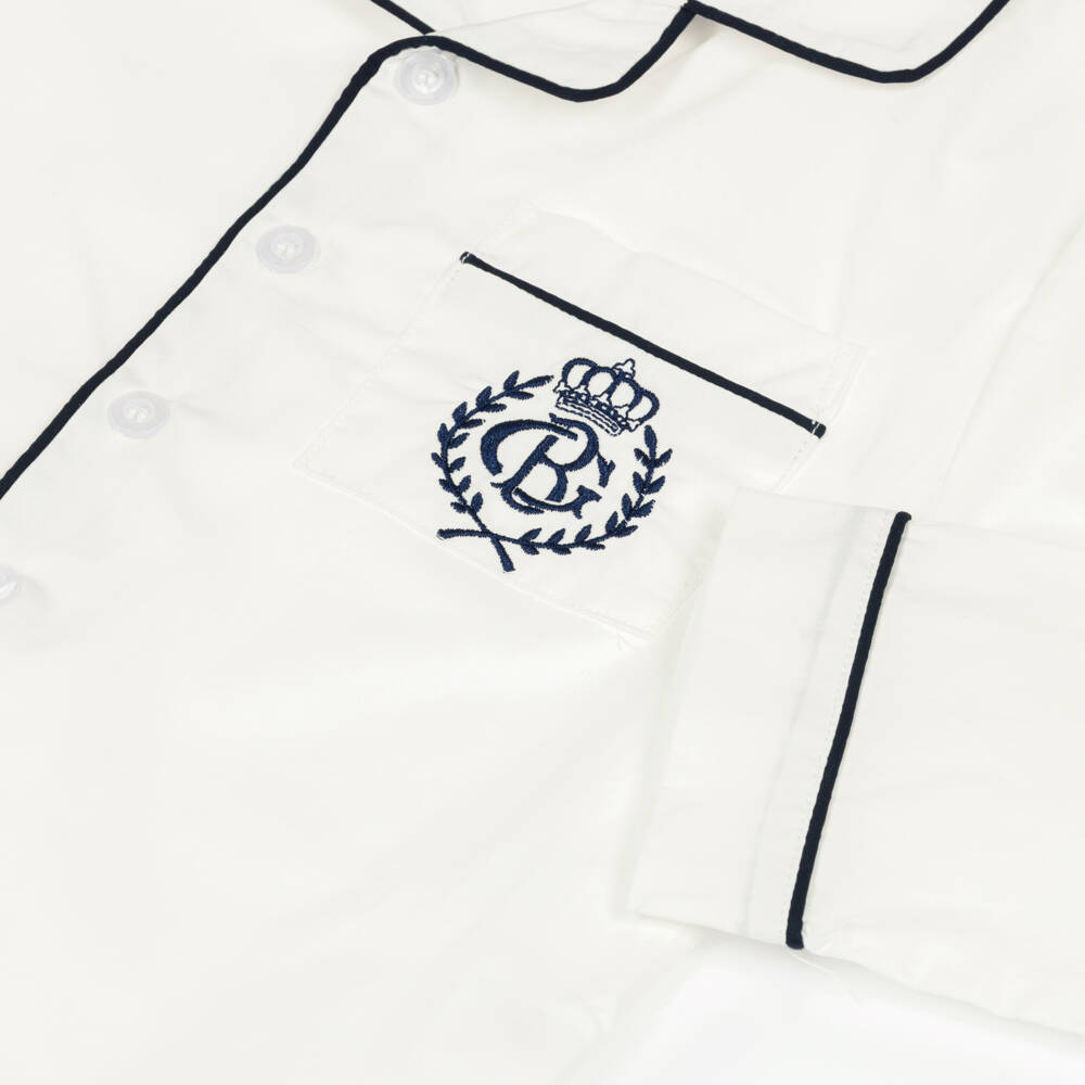 Beatrice & George-White Cotton Pyjamas with Navy Blue Piping | Childrensalon