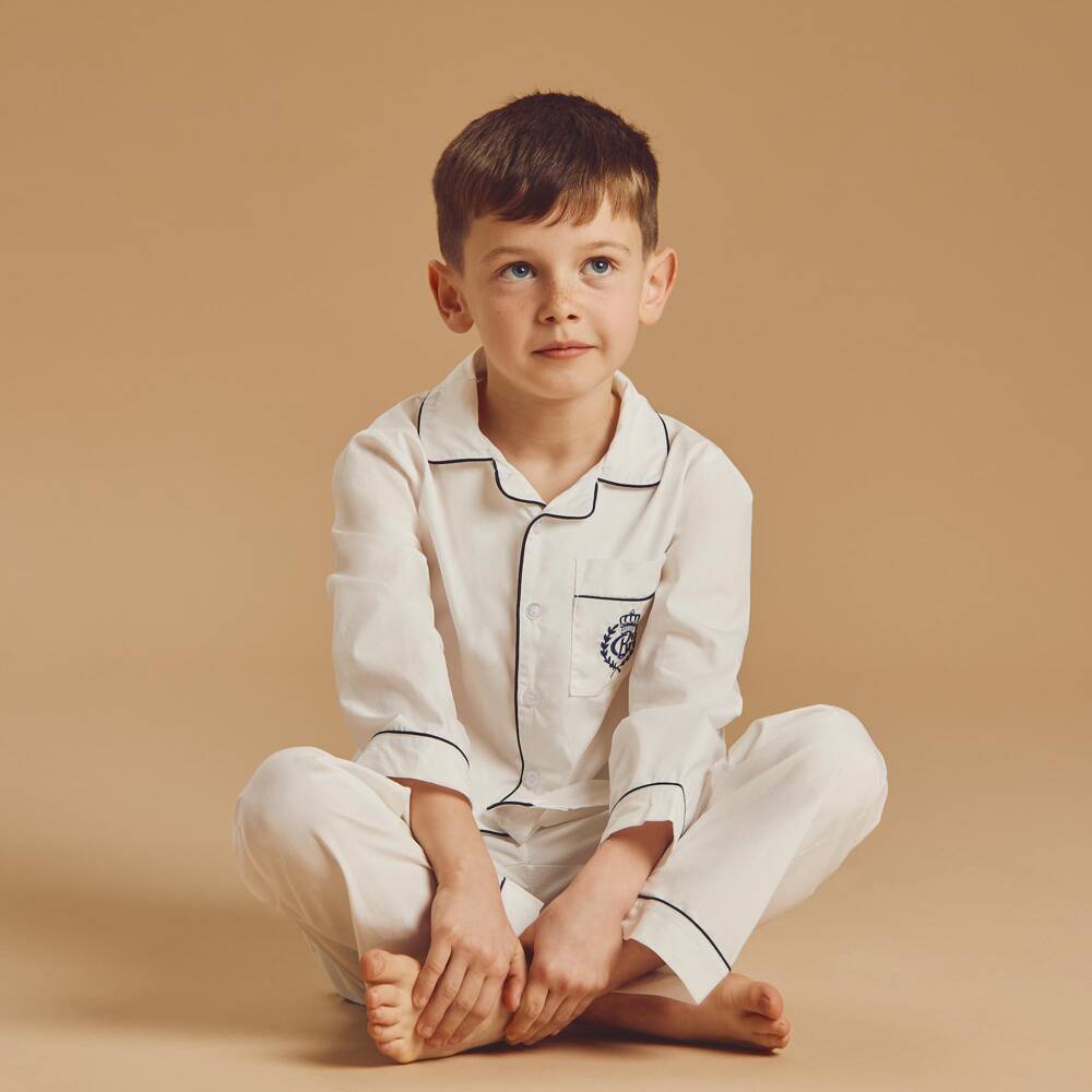 Beatrice & George-White Cotton Pyjamas with Navy Blue Piping | Childrensalon