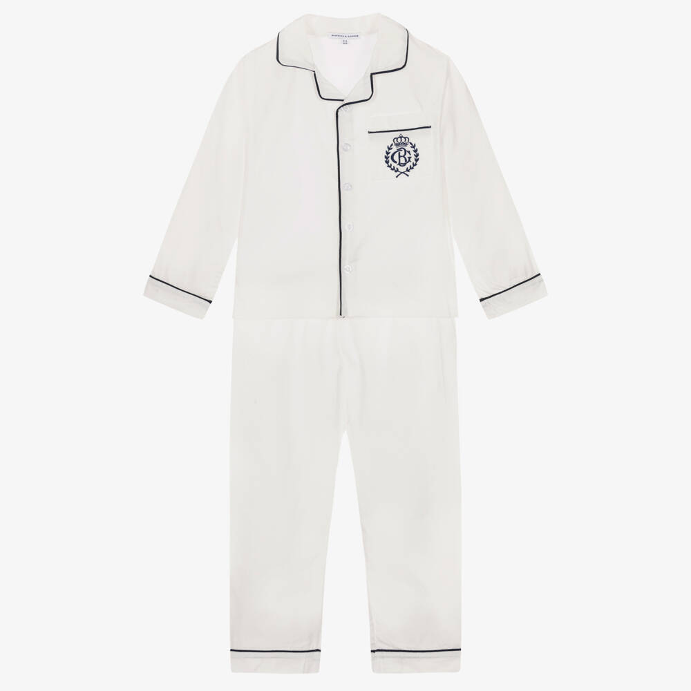 Beatrice & George-White Cotton Pyjamas with Navy Blue Piping | Childrensalon
