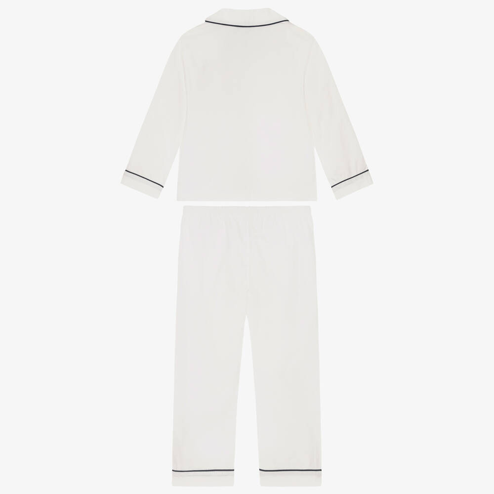 Beatrice & George-White Cotton Pyjamas with Navy Blue Piping | Childrensalon