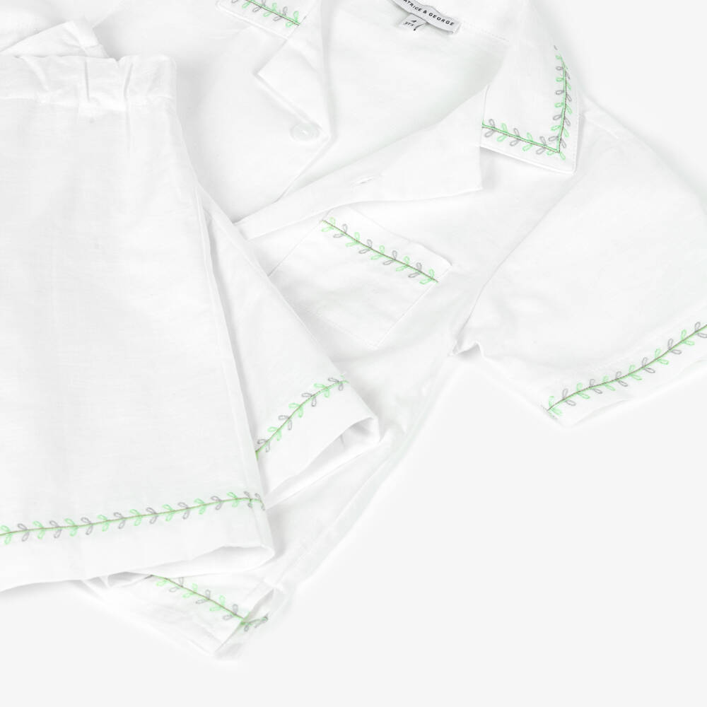 Beatrice & George-Boys White Cotton & Linen Embroidered Shorts Set | Childrensalon