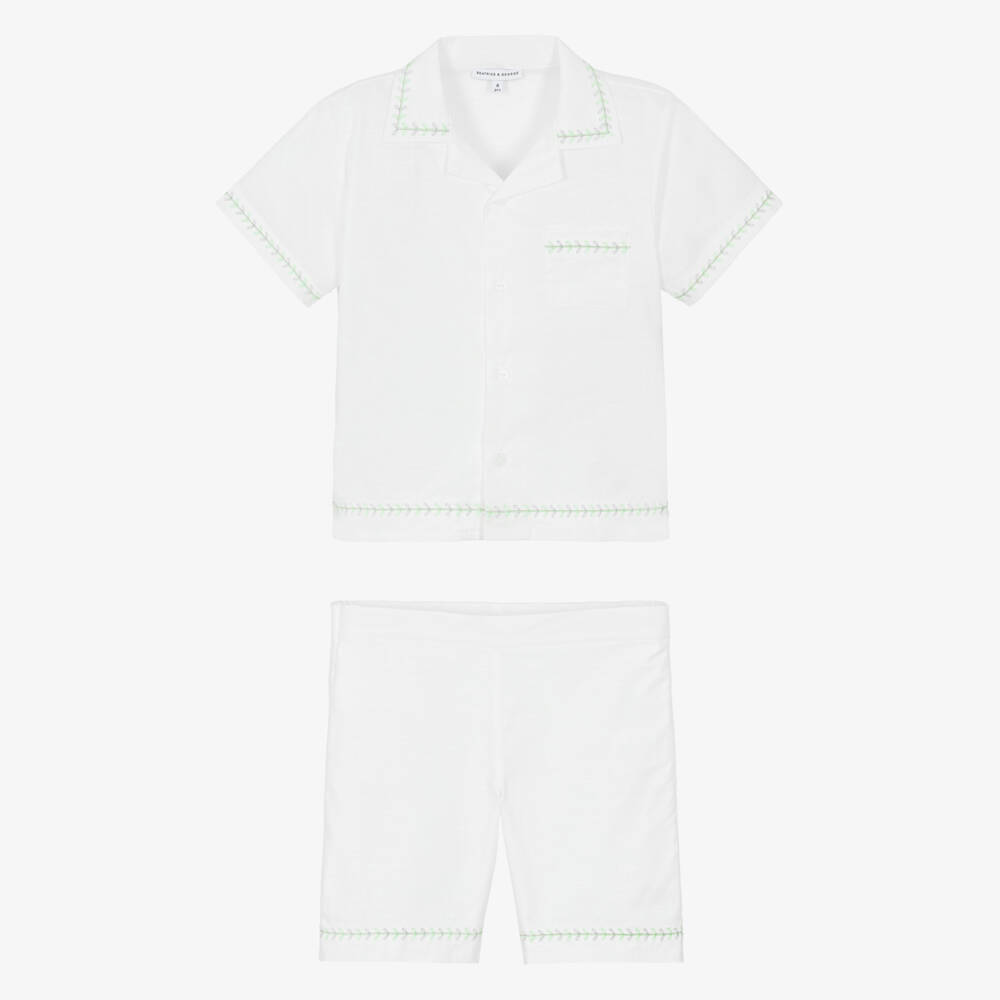 Beatrice & George-Boys White Cotton & Linen Embroidered Shorts Set | Childrensalon