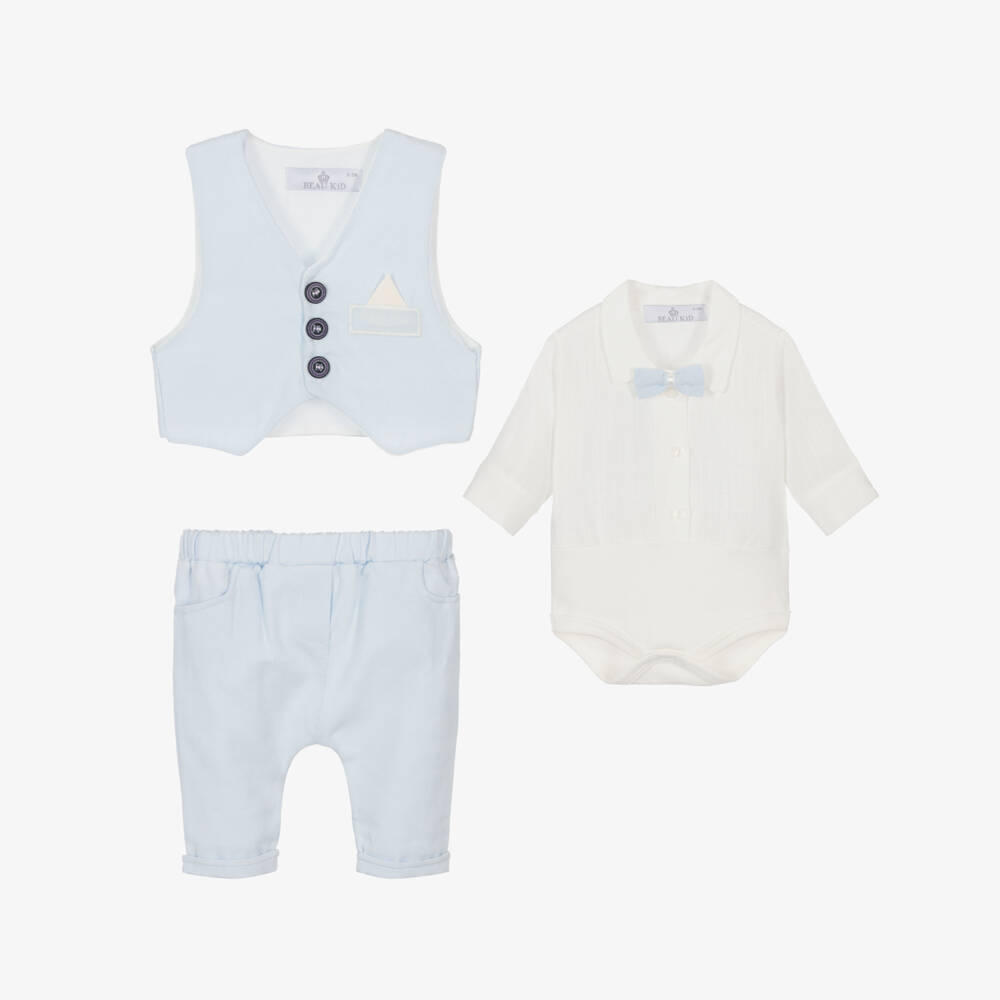 Beau KiD-طقم بنطلون قطن لون أزرق فاتح وعاجي للمواليد | Childrensalon