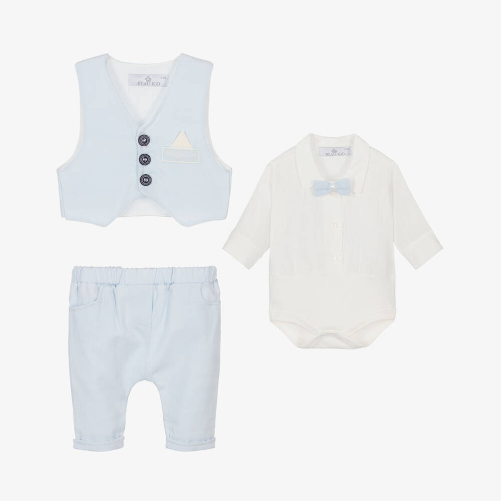 Beau KiD-Baby Boys Blue Cotton Trouser Set | Childrensalon