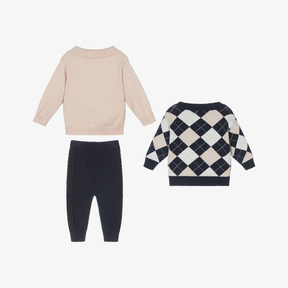 Beau KiD-Baby Boys Navy Blue & Beige Knitted Trouser Set | Childrensalon