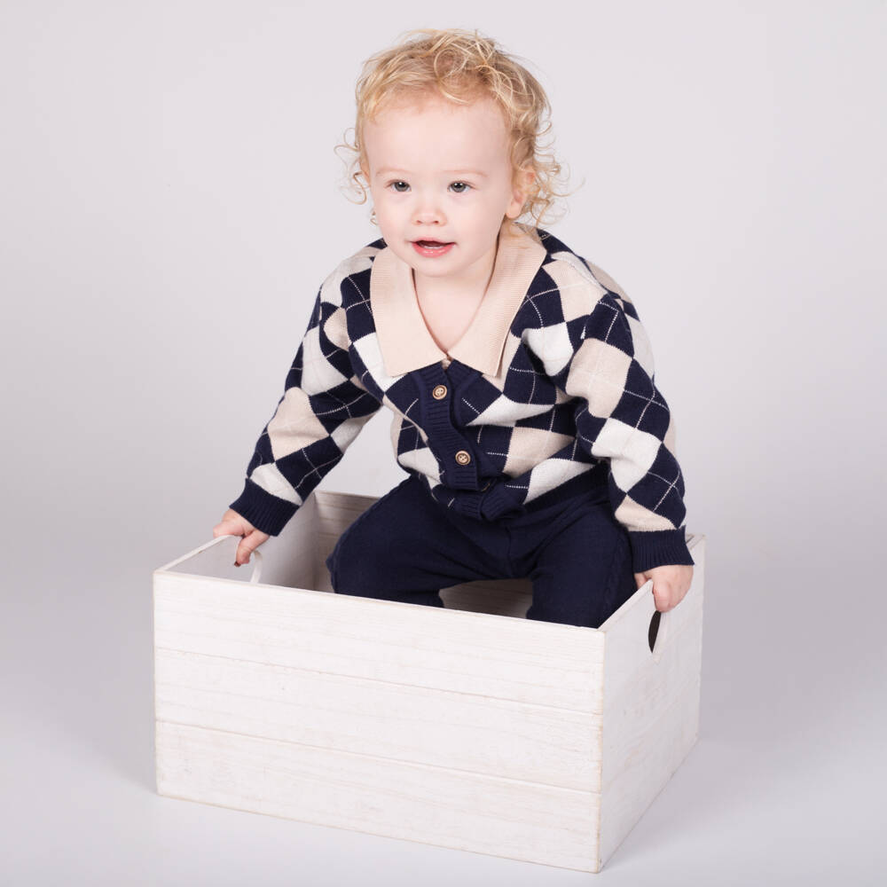 Beau KiD-Baby Boys Navy Blue & Beige Knitted Trouser Set | Childrensalon