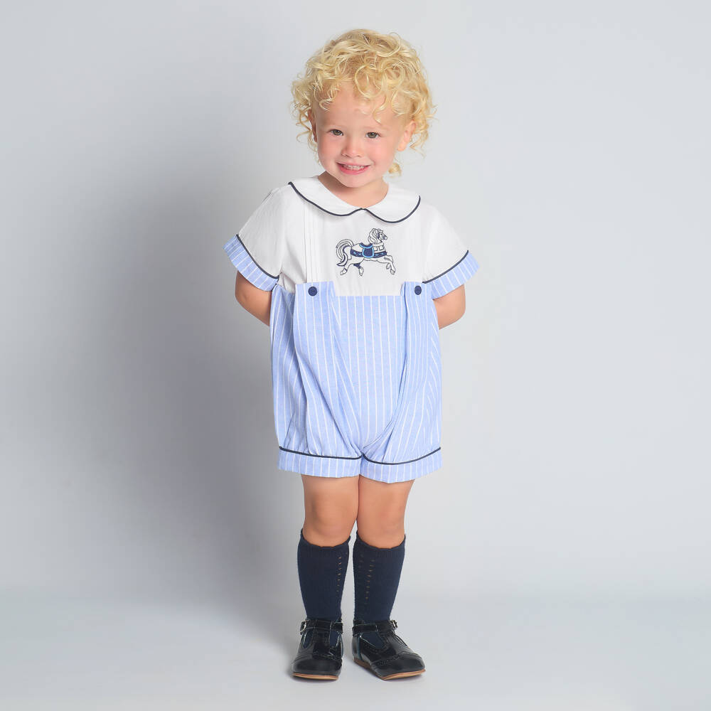 Beau KiD-Baby Boys Pale Blue Stripe Cotton Shortie with Horse Embroidery | Childrensalon