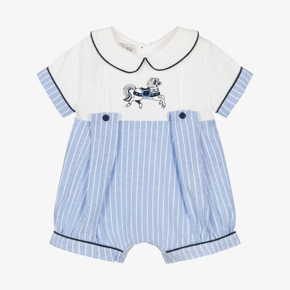 Beau KiD-Baby Boys Pale Blue Stripe Cotton Shortie with Horse Embroidery | Childrensalon