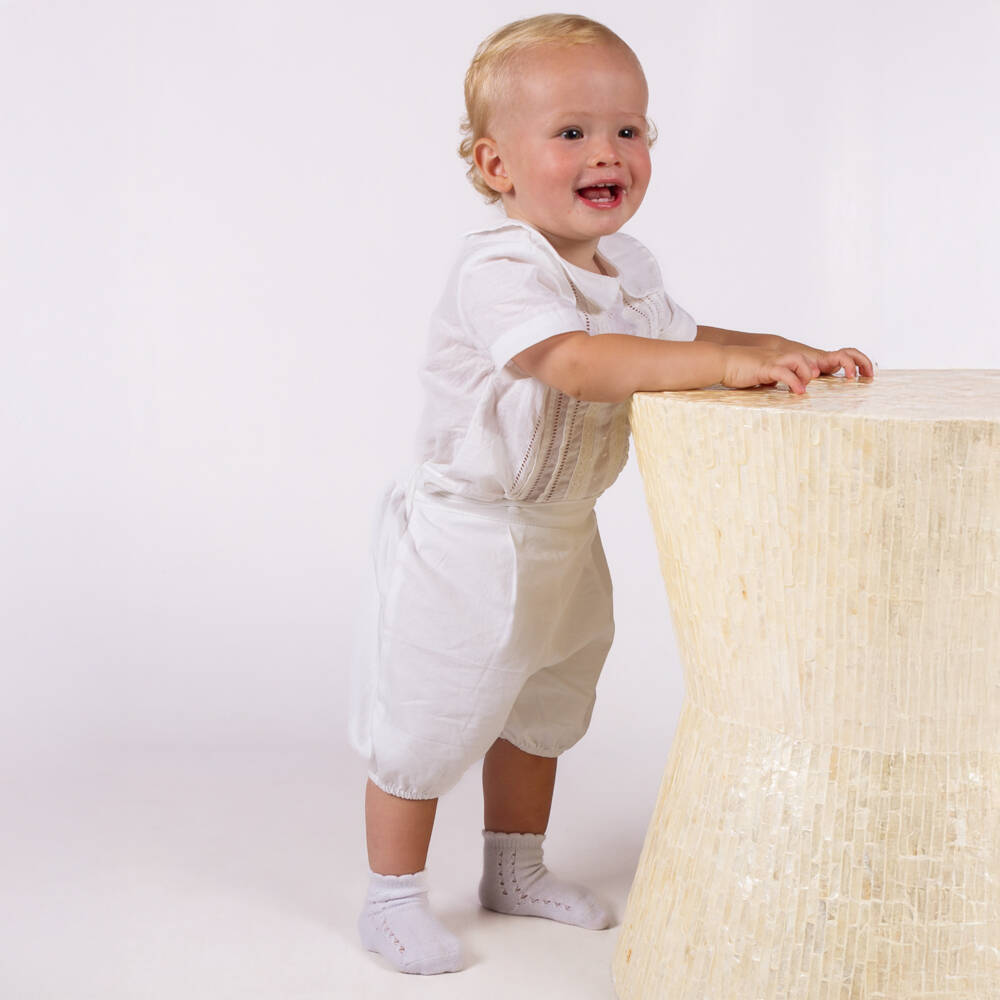 Beau KiD-Baby Boys White Cotton Buster Suit | Childrensalon