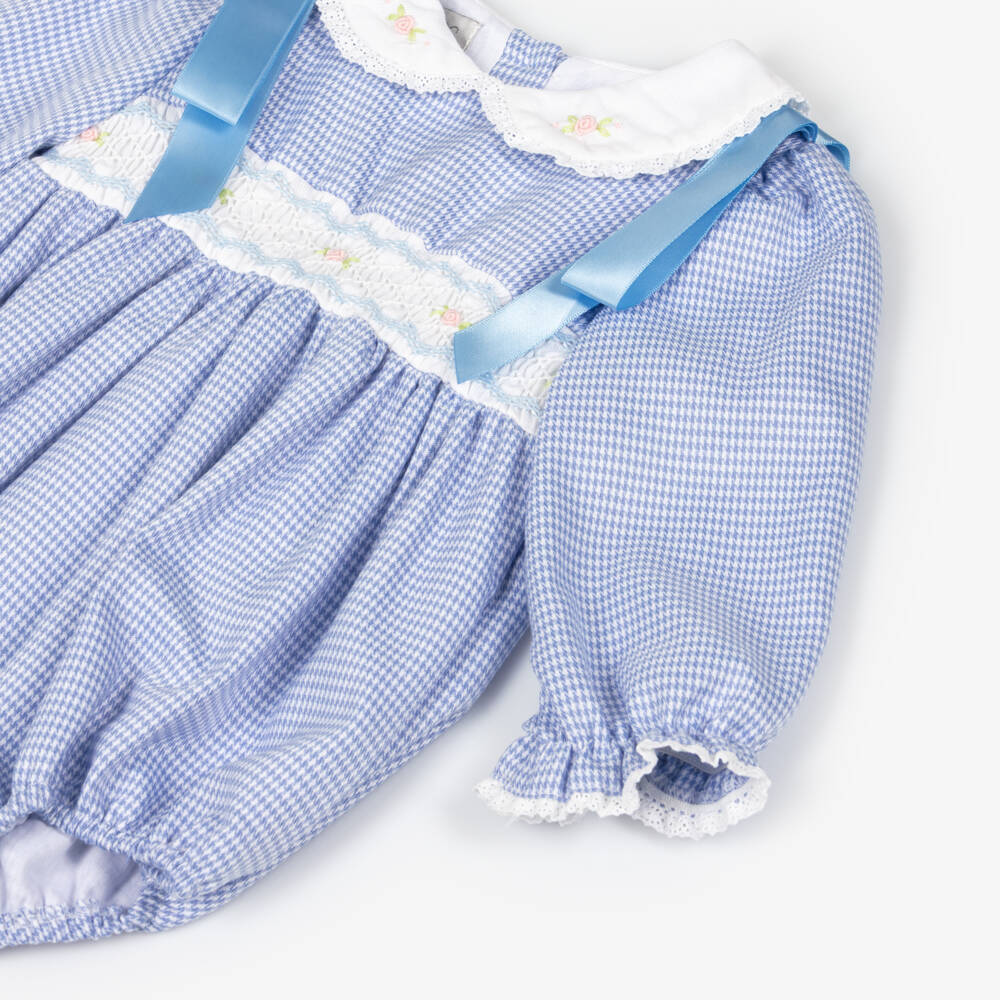 Beau KiD-Baby Girls Blue Smocked Dogstooth Shortie with Ribbons | Childrensalon