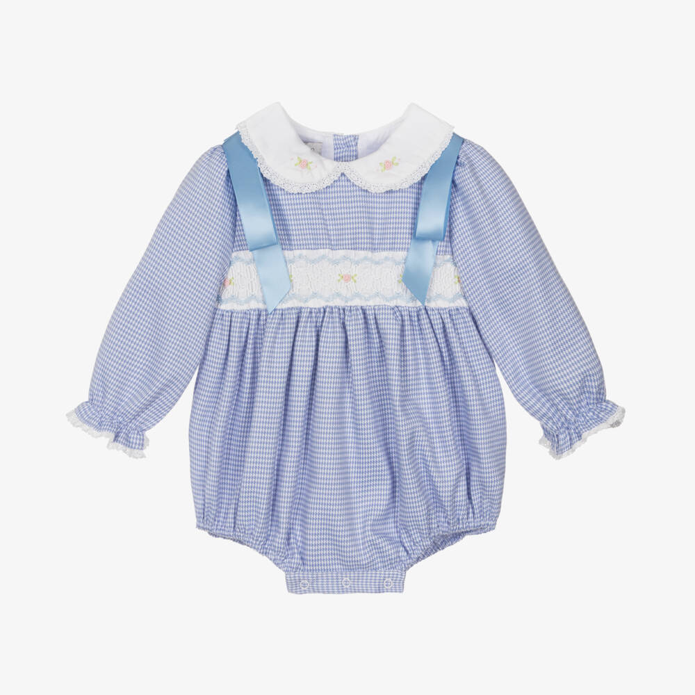 Beau KiD-Baby Girls Blue Smocked Dogstooth Shortie with Ribbons | Childrensalon
