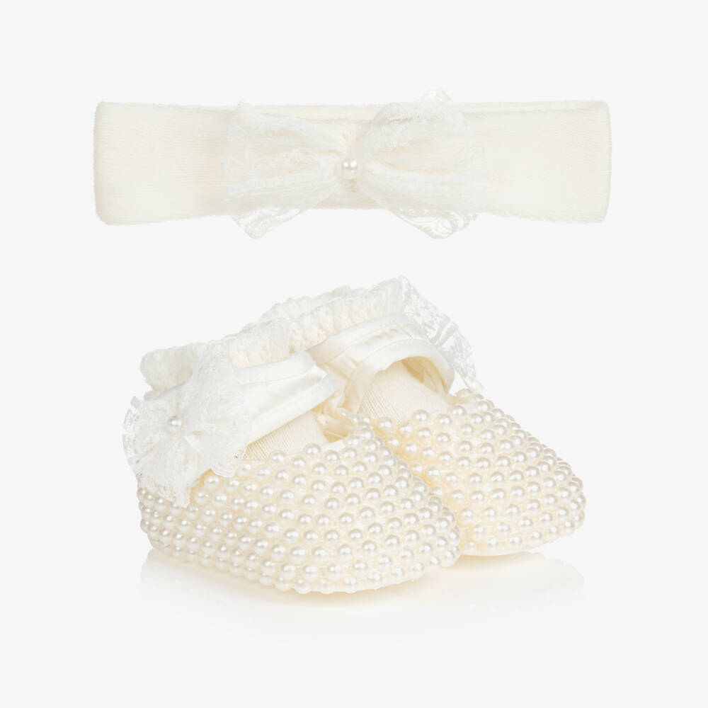 Beau KiD-حذاء ساتان لون عاجي للمولودات - 3 قطع | Childrensalon