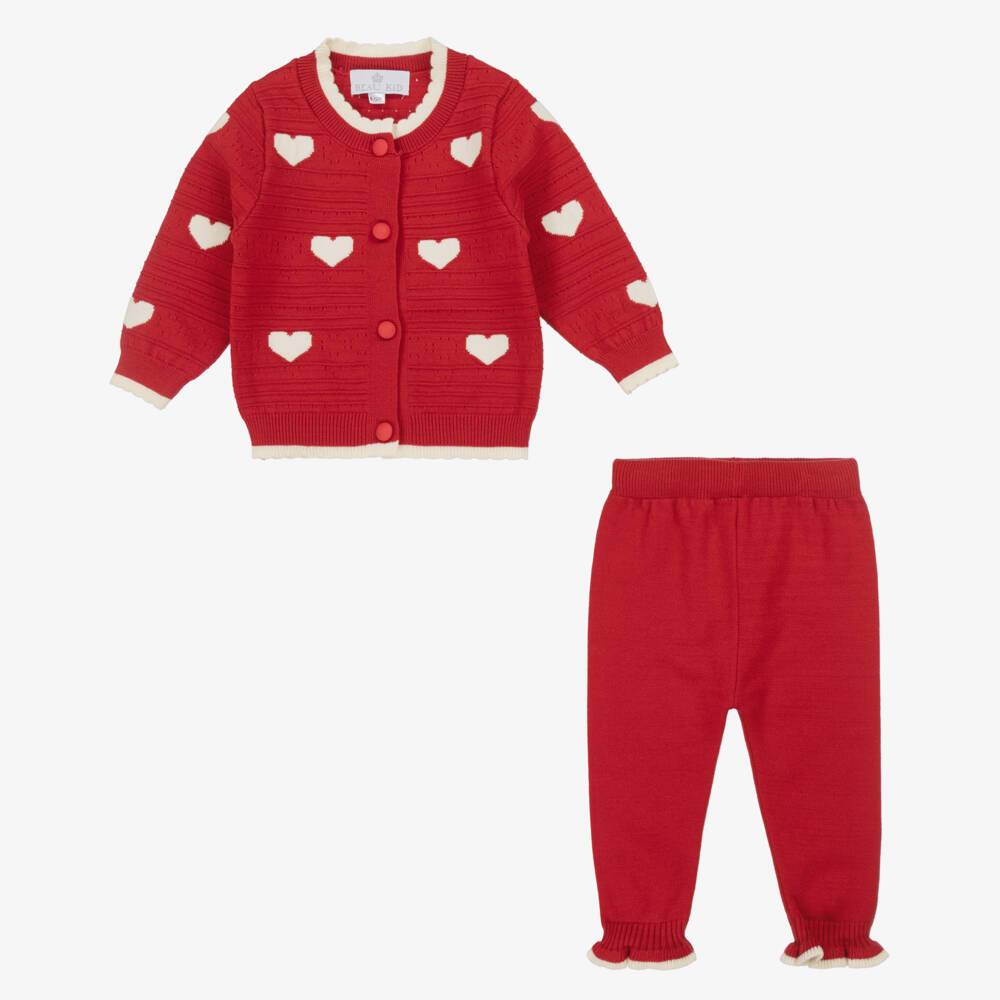 Beau KiD-Baby Girls Knitted Red & Ivory Heart Trouser Set | Childrensalon