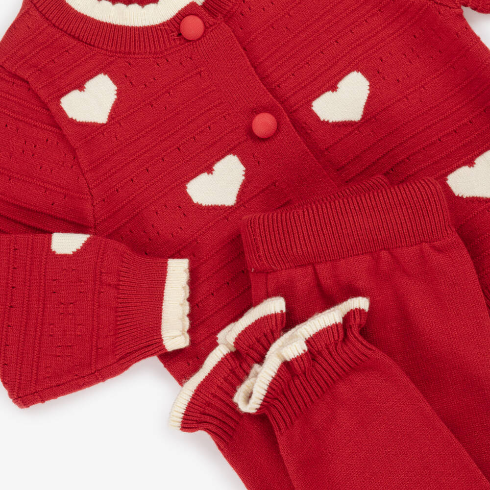 Beau KiD-Baby Girls Knitted Red & Ivory Heart Trouser Set | Childrensalon