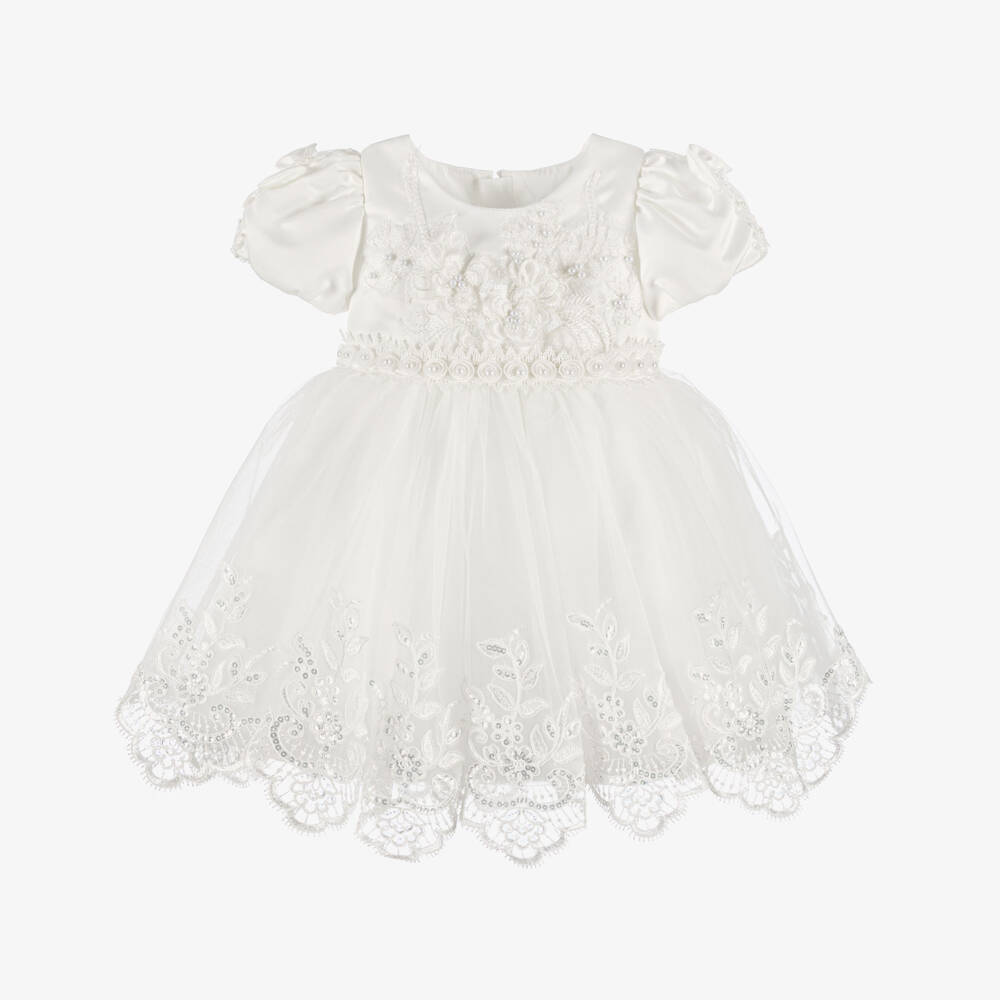 Beau KiD-Baby Girls Pale Ivory Embellished Satin & Tulle Dress | Childrensalon