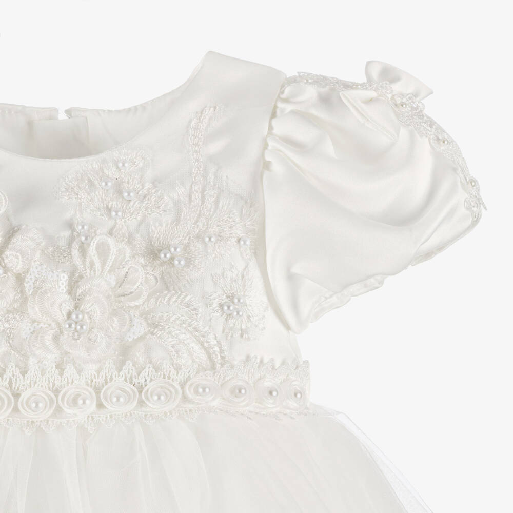 Beau KiD-Baby Girls Pale Ivory Embellished Satin & Tulle Dress | Childrensalon