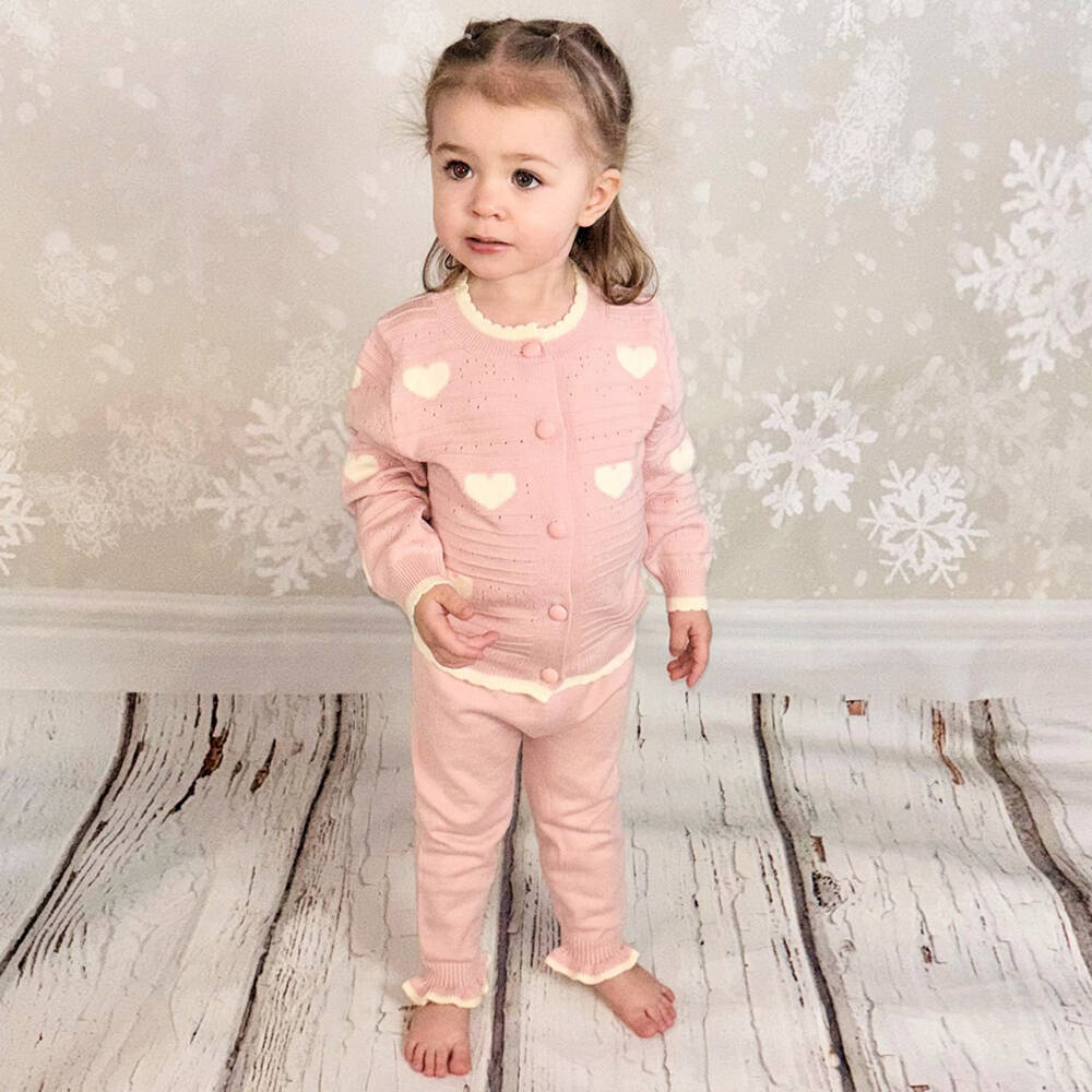 Beau KiD-Baby Girls Pink & Ivory Heart Knitted Trouser Set | Childrensalon