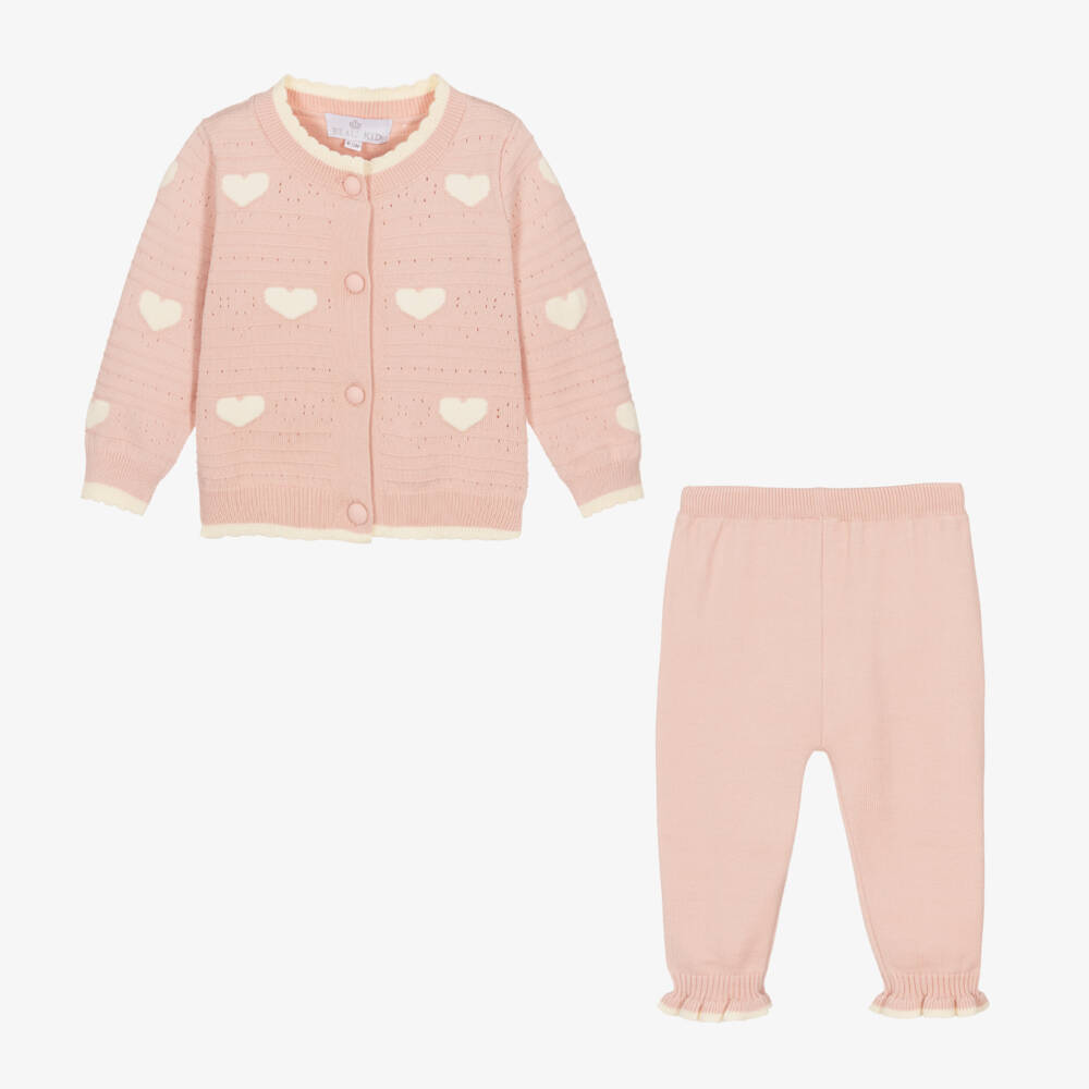 Beau KiD-Baby Girls Pink & Ivory Heart Knitted Trouser Set | Childrensalon