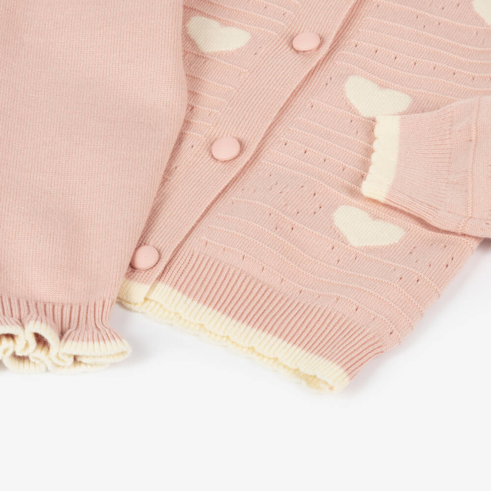Beau KiD-Baby Girls Pink & Ivory Heart Knitted Trouser Set | Childrensalon
