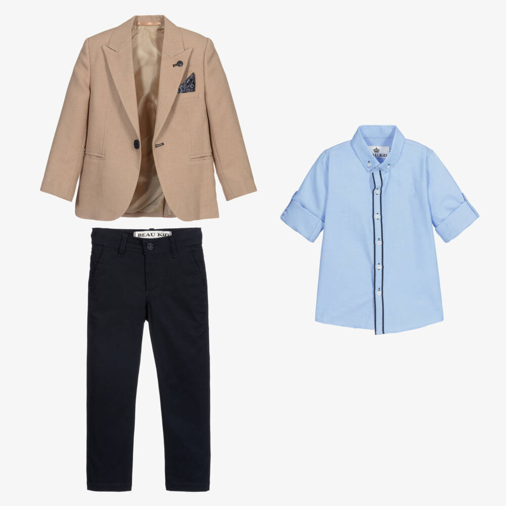 Beau KiD-Beige & Navy Blue Suit Set | Childrensalon