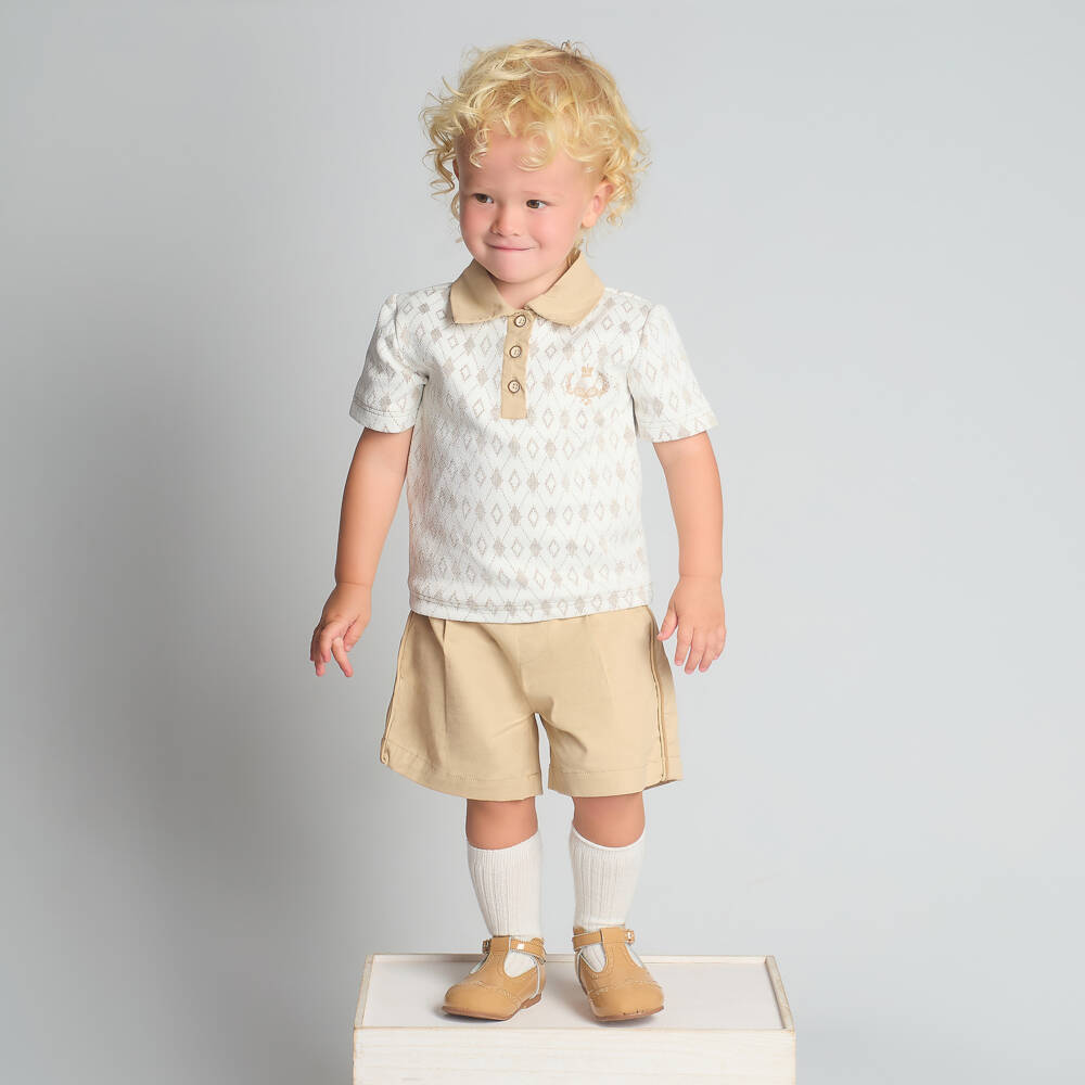 Beau KiD-Boys Beige Cotton Polo Shirt & Shorts Set | Childrensalon