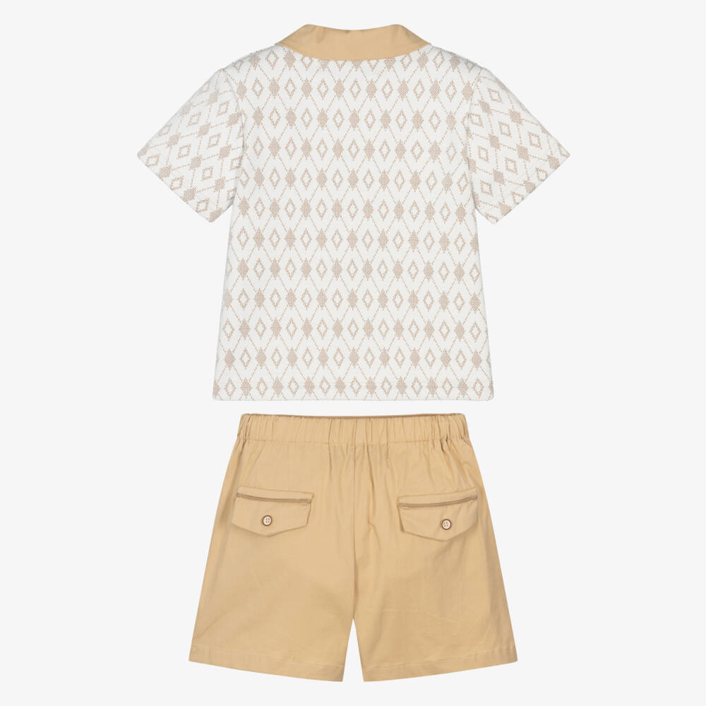 Beau KiD-Boys Beige Cotton Polo Shirt & Shorts Set | Childrensalon
