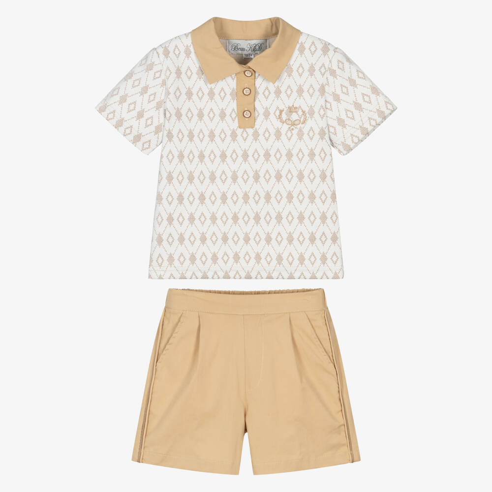 Beau KiD-Boys Beige Cotton Polo Shirt & Shorts Set | Childrensalon