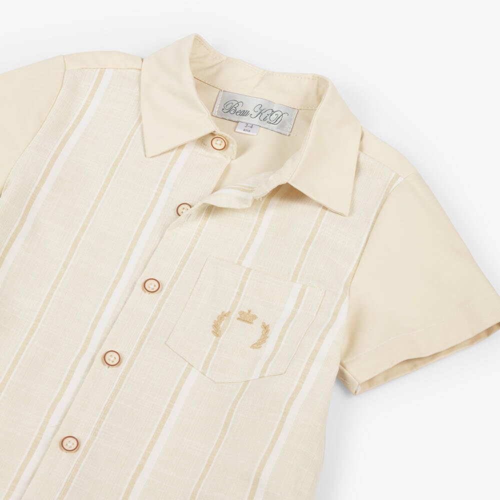 Beau KiD-Boys Beige Cotton Shirt & Shorts Set | Childrensalon