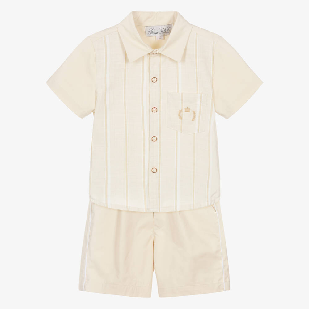 Beau KiD-Boys Beige Cotton Shirt & Shorts Set | Childrensalon