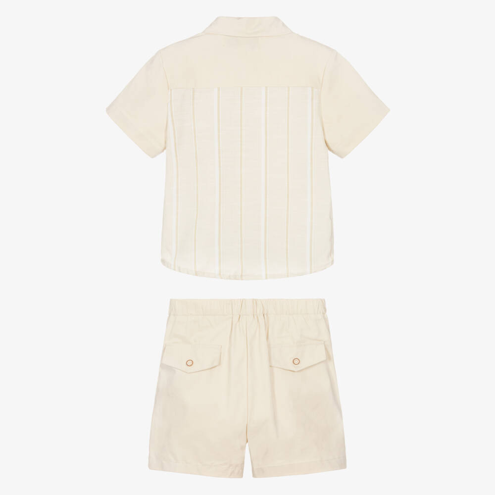 Beau KiD-Boys Beige Cotton Shirt & Shorts Set with Stripes | Childrensalon
