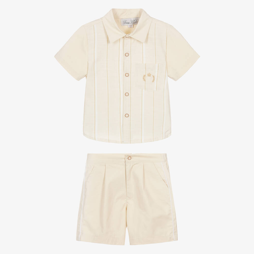 Beau KiD-Boys Beige Cotton Shirt & Shorts Set with Stripes | Childrensalon