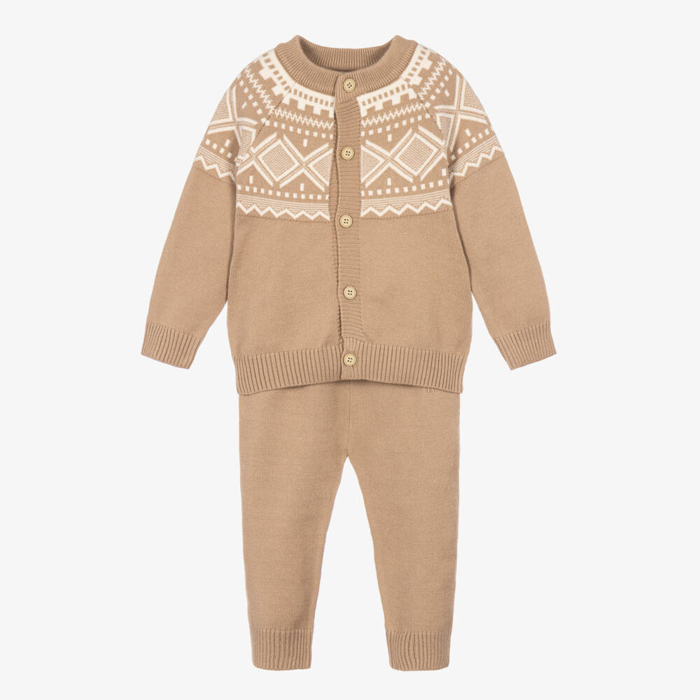 Beau KiD-Boys Beige Fair Isle Knitted Cardigan & Trouser Set | Childrensalon