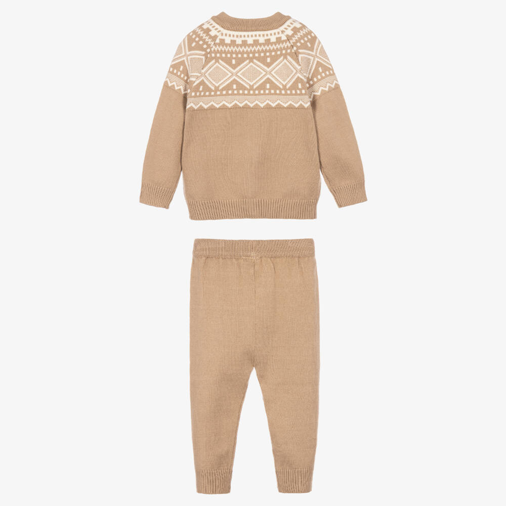 Beau KiD-Boys Beige Fair Isle Knitted Cardigan & Trouser Set | Childrensalon
