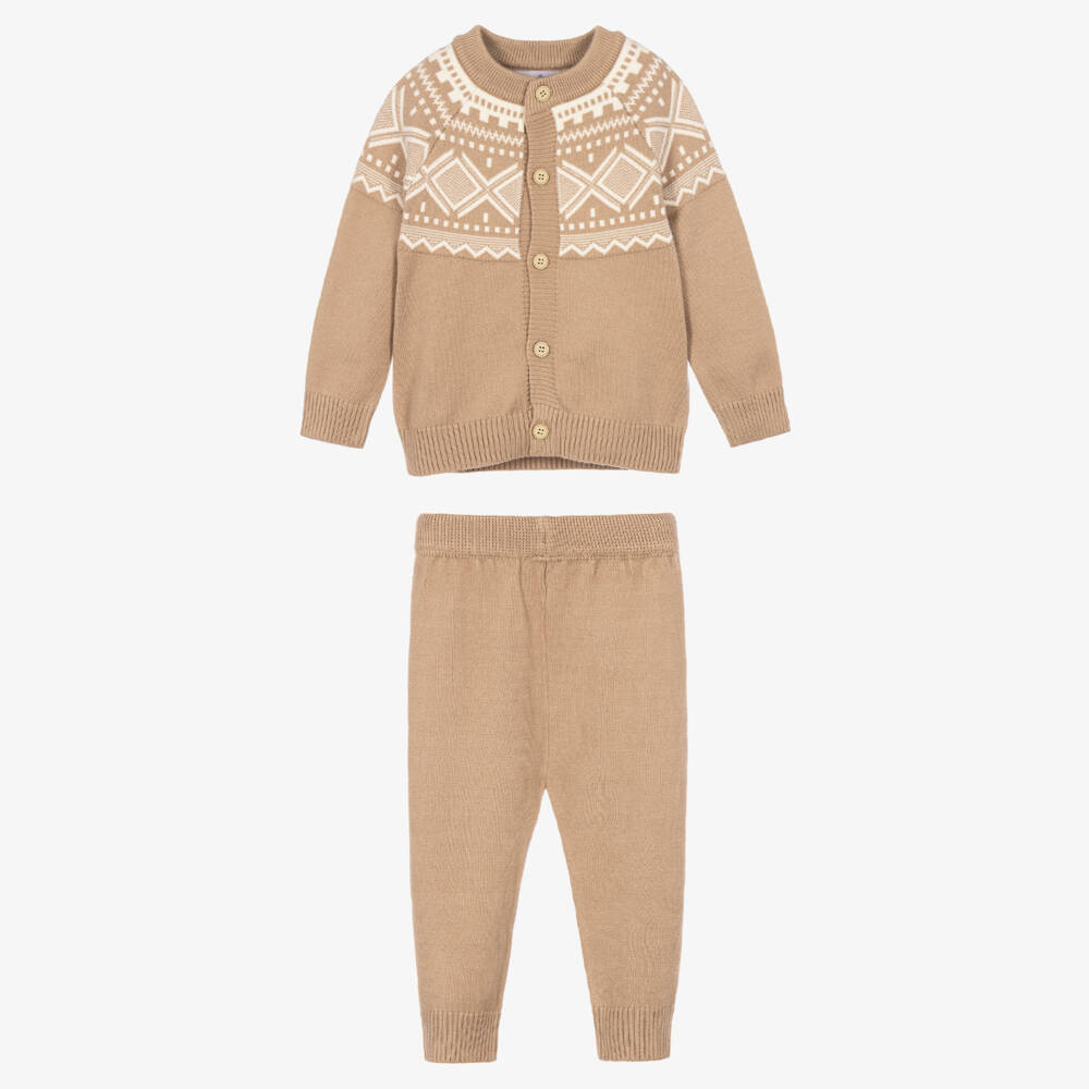 Beau KiD-Boys Beige Fair Isle Knitted Cardigan & Trouser Set | Childrensalon
