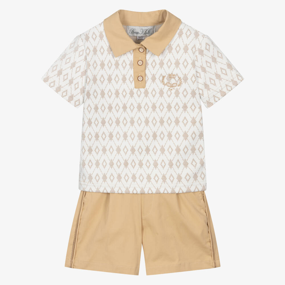 Beau KiD-Boys Beige Polo Shirt & Shorts Set | Childrensalon