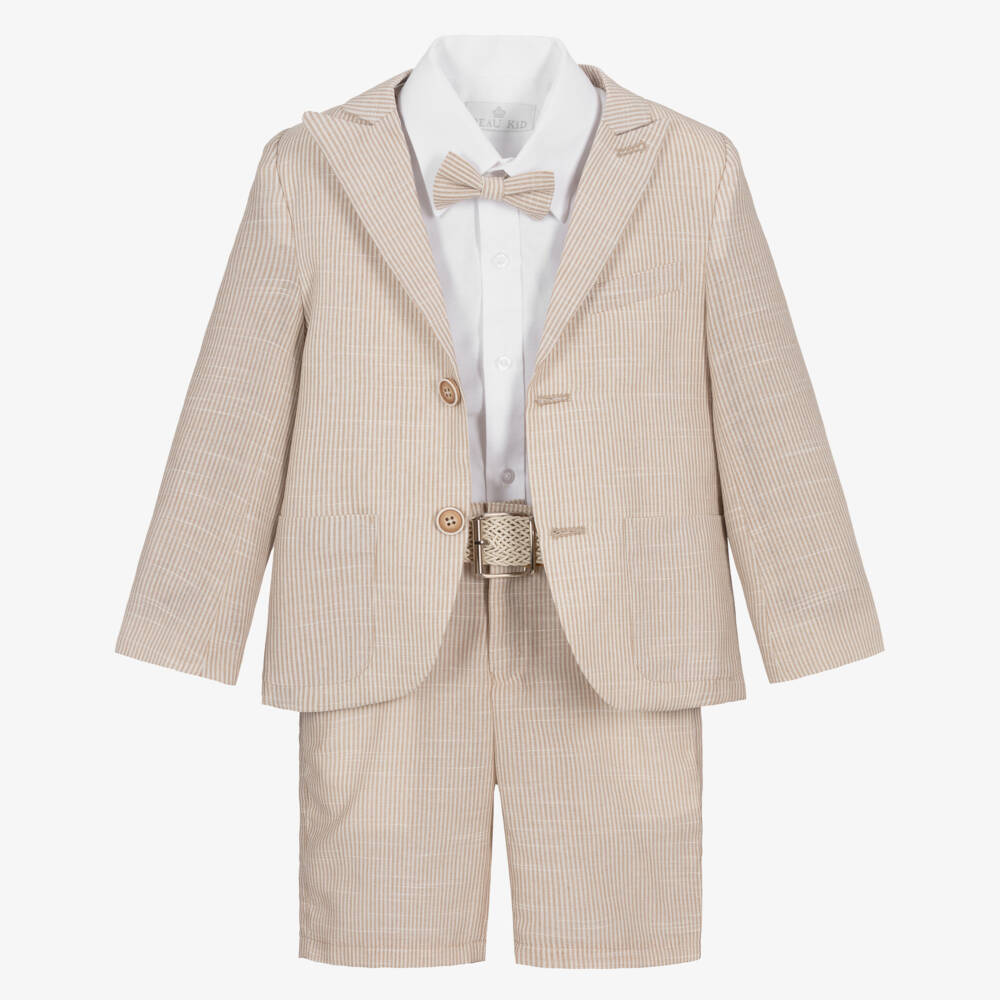 Beau KiD-Boys Beige Stripe Single Breasted Shorts Suit | Childrensalon