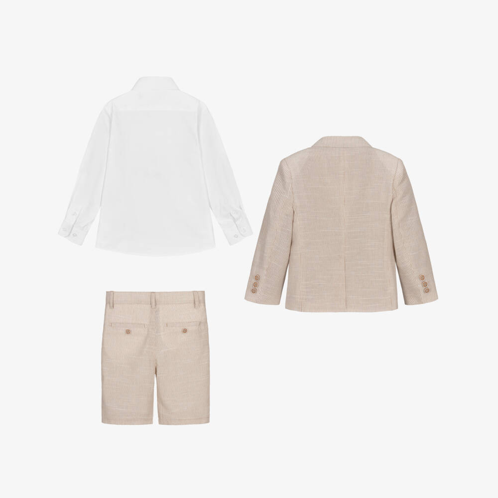 Beau KiD-Boys Beige Stripe Single Breasted Shorts Suit | Childrensalon