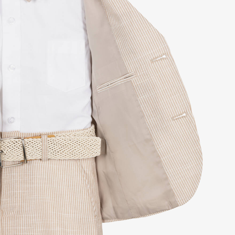 Beau KiD-Boys Beige Stripe Single Breasted Shorts Suit | Childrensalon