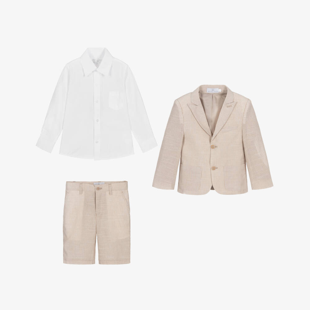 Beau KiD-Boys Beige Stripe Single Breasted Shorts Suit | Childrensalon