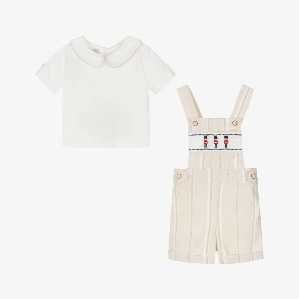 Beau KiD-Boys Beige & White Cotton Embroidered Soldiers Dungarees Set | Childrensalon