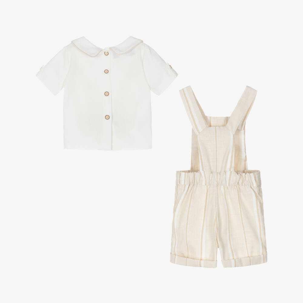 Beau KiD-Boys Beige & White Cotton Embroidered Soldiers Dungarees Set | Childrensalon