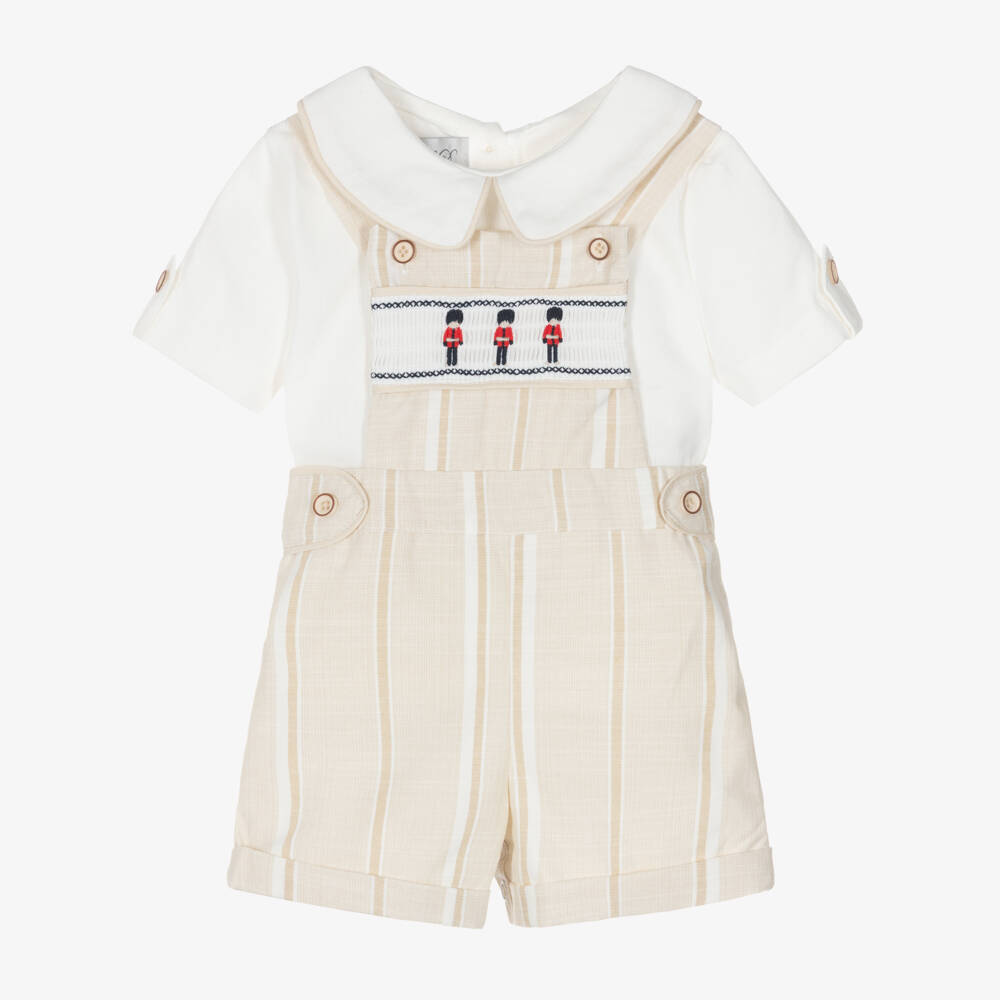 Beau KiD-Boys Beige & White Cotton Embroidered Soldiers Dungarees Set | Childrensalon