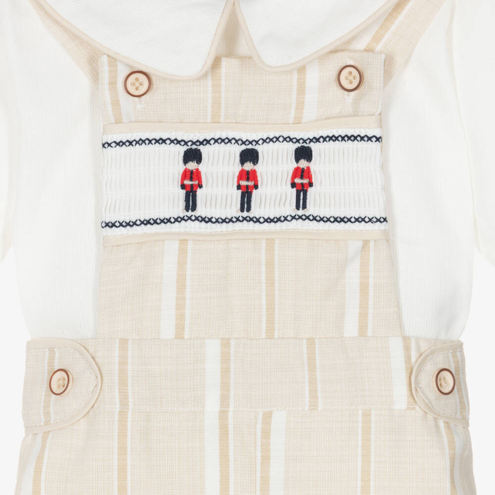 Beau KiD-Boys Beige & White Cotton Embroidered Soldiers Dungarees Set | Childrensalon