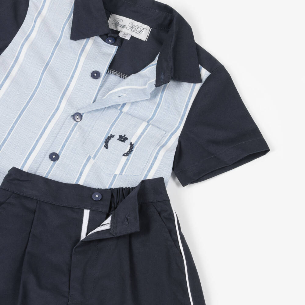 Beau KiD-Boys Blue Cotton Shirt & Shorts Set with Stripes | Childrensalon